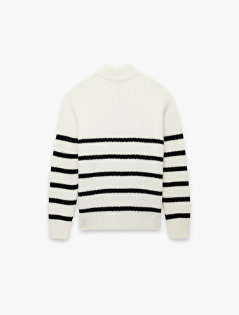 Uzun Kollu Çizgili Basic Yarım Fermuarlı Triko Kazak