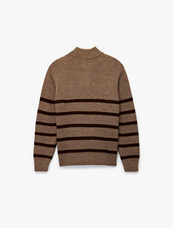 Uzun Kollu Çizgili Basic Yarım Fermuarlı Triko Kazak