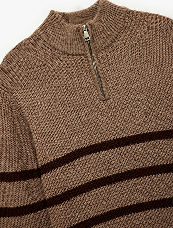 Uzun Kollu Çizgili Basic Yarım Fermuarlı Triko Kazak