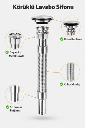 Boss Körüklü Lavabo Sifonu Krom Kaplama Metal Gövde Sızdırmaz Lavabo Gider Sifonu Kolay Montajlı Banyo Mutfak Gider Bağlantısı