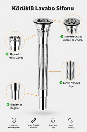Boss Körüklü Lavabo Sifonu Krom Kaplama Metal Gövde Sızdırmaz Lavabo Gider Sifonu Kolay Montajlı Banyo Mutfak Gider Bağlantısı-Klasik