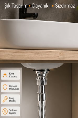 Boss Körüklü Lavabo Sifonu Krom Kaplama Metal Gövde Sızdırmaz Lavabo Gider Sifonu Kolay Montajlı Banyo Mutfak Gider Bağlantısı-Klasik