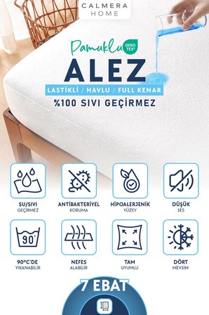 Calmera | Pamuklu Su/Sıvı Geçirmez Alez | Havlu Yatak Koruyucu - Çarşaf Tipi | Tek / Çift Kişilik - Battal | Beyaz - 90 x 190 cm