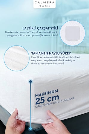 Calmera | Pamuklu Su/Sıvı Geçirmez Alez | Havlu Yatak Koruyucu - Çarşaf Tipi | Tek / Çift Kişilik - Battal | Beyaz - 120 x 200 cm