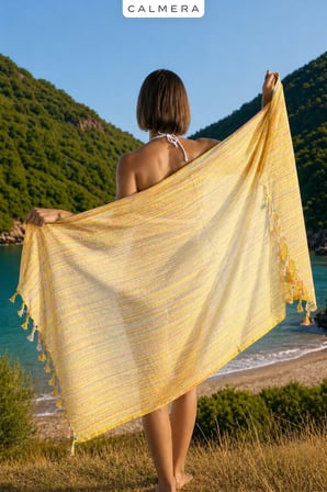 Calmera | Etnika Peştemal | İnce - Renkli Saçaklı | Plaj Pareo, Deniz, Havuz, Yoga, Kamp, Pilates Havlusu - Sarı