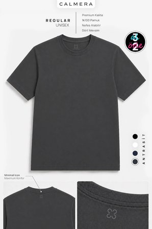 Calmera | %100 Pamuk Regular Fit T-Shirt  | Kadın Erkek Unisex Bisiklet Yaka Basic Tişört | Antrasit