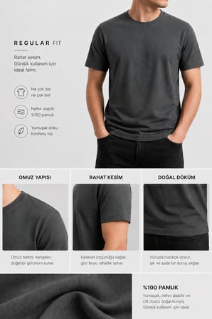 Calmera | %100 Pamuk Regular Fit T-Shirt  | Kadın Erkek Unisex Bisiklet Yaka Basic Tişört | Antrasit
