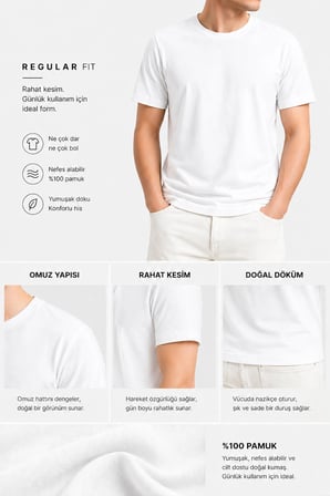 Calmera | %100 Pamuk Regular Fit T-Shirt  | Kadın Erkek Unisex Bisiklet Yaka Basic Tişört | Beyaz