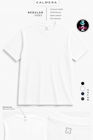Calmera | %100 Pamuk Regular Fit T-Shirt  | Kadın Erkek Unisex Bisiklet Yaka Basic Tişört | Beyaz