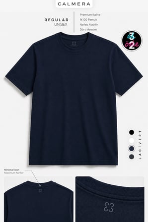 Calmera | %100 Pamuk Regular Fit T-Shirt  | Kadın Erkek Unisex Bisiklet Yaka Basic Tişört | Lacivert