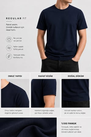 Calmera | %100 Pamuk Regular Fit T-Shirt  | Kadın Erkek Unisex Bisiklet Yaka Basic Tişört | Lacivert