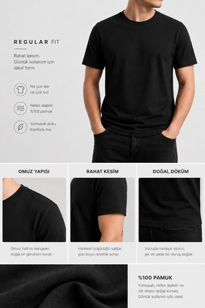 Calmera | %100 Pamuk Regular Fit T-Shirt  | Kadın Erkek Unisex Bisiklet Yaka Basic Tişört | Siyah