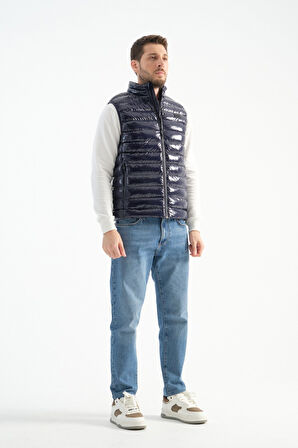 Lacivert - 3XL Erkek Parlak Yelek Luxe Bej