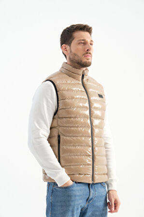 Bej - 3XL Erkek Parlak Yelek Luxe Bej