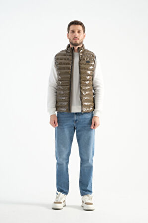 Haki - 2XL Erkek Parlak Yelek Luxe Bej