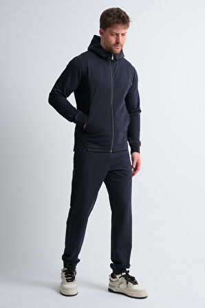 Lacivert - L Erkek Fermuarlı Kapüşonlu Gizli Cep Detaylı Eşofman Takımı