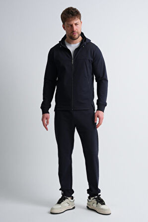 Lacivert - XL Erkek Fermuarlı Kapüşonlu Gizli Cep Detaylı Eşofman Takımı