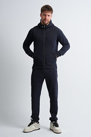 Lacivert - XL Erkek Fermuarlı Kapüşonlu Gizli Cep Detaylı Eşofman Takımı