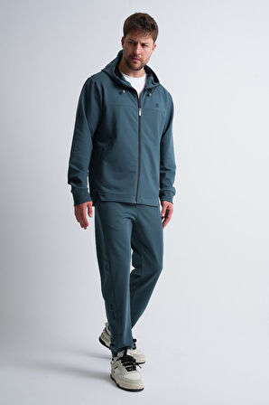 Petrol Mavisi - 2XL Erkek Fermuarlı Kapüşonlu Gizli Cep Detaylı Eşofman Takımı