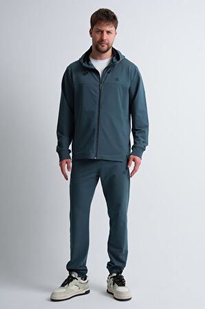 Petrol Mavisi - 3XL Erkek Fermuarlı Kapüşonlu Gizli Cep Detaylı Eşofman Takımı