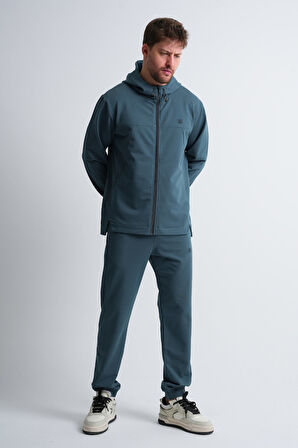 Petrol Mavisi - 3XL Erkek Fermuarlı Kapüşonlu Gizli Cep Detaylı Eşofman Takımı