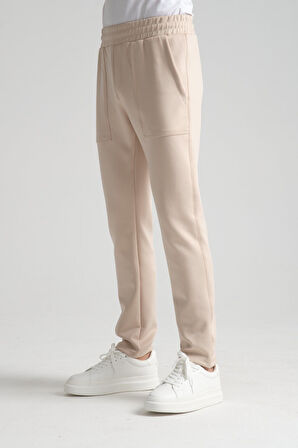 Bej - 3XL Erkek Düz Paça Beli Bağcıklı Logo Detaylı Jogger Eşofman Altı