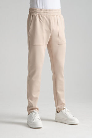 Bej - 3XL Erkek Düz Paça Beli Bağcıklı Logo Detaylı Jogger Eşofman Altı