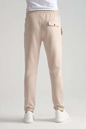 Bej - 3XL Erkek Düz Paça Beli Bağcıklı Logo Detaylı Jogger Eşofman Altı
