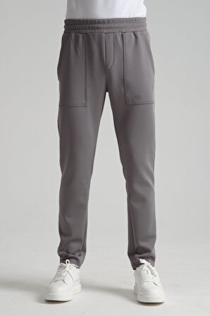 Gri - 3XL Erkek Düz Paça Beli Bağcıklı Logo Detaylı Jogger Eşofman Altı