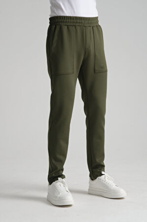 Haki - XL Erkek Düz Paça Beli Bağcıklı Logo Detaylı Jogger Eşofman Altı