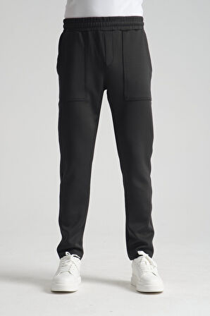 Siyah - 3XL Erkek Düz Paça Beli Bağcıklı Logo Detaylı Jogger Eşofman Altı