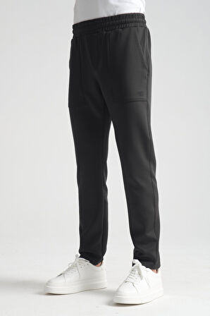 Siyah - 3XL Erkek Düz Paça Beli Bağcıklı Logo Detaylı Jogger Eşofman Altı