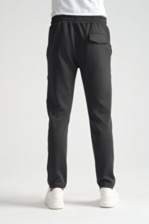 Siyah - 3XL Erkek Düz Paça Beli Bağcıklı Logo Detaylı Jogger Eşofman Altı