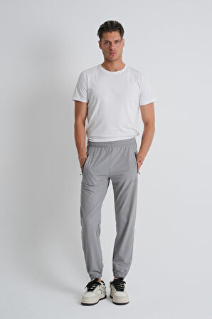 Açık Gri - 3XL Açık Gri Beli Bağcıklı Paça Lastikli Rahat Kalıp Fermuarlı Erkek Eşofman Alt