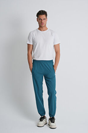 Petrol Mavisi - M Açık Gri Beli Bağcıklı Paça Lastikli Rahat Kalıp Fermuarlı Erkek Eşofman Alt