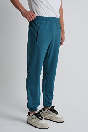 Petrol Mavisi - M Açık Gri Beli Bağcıklı Paça Lastikli Rahat Kalıp Fermuarlı Erkek Eşofman Alt