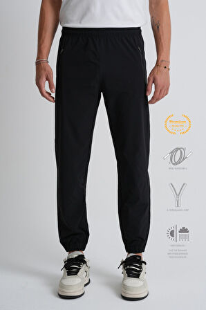 Siyah - L Açık Gri Beli Bağcıklı Paça Lastikli Rahat Kalıp Fermuarlı Erkek Eşofman Alt