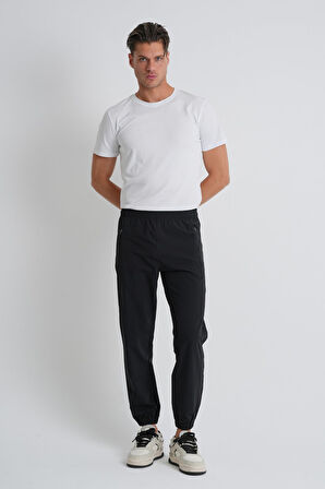 Siyah - L Açık Gri Beli Bağcıklı Paça Lastikli Rahat Kalıp Fermuarlı Erkek Eşofman Alt