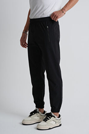 Siyah - L Açık Gri Beli Bağcıklı Paça Lastikli Rahat Kalıp Fermuarlı Erkek Eşofman Alt