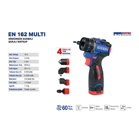 EXEN EN 162 MULTİ - 16V 2Ah 60N.m Kömürsüz Darbeli Şarjli Matkap (4 Fonksiyonlu)