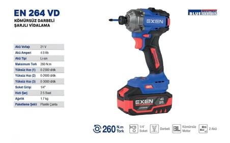 EXEN EN 264 VD 21V 4Ah 260N.m Kömürsüz Darbeli Şarjlı Vidalama EX011015