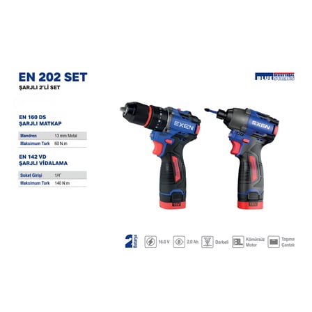 EXEN EN 202 SET - 21V 2Ah Kömürsüz Şarjlı Makina 2'li Set