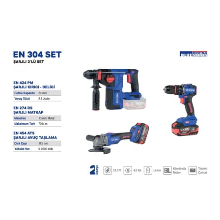 EXEN EN 314 SET - 21V 4Ah Kömürsüz Şarjlı Makina 3'lü Set