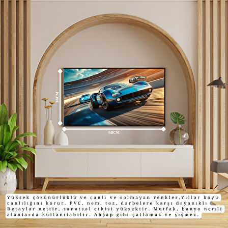 OTOMOBİL TEMALI YARIŞ PİSTİNDE KIYASIYA ÇERÇEVESİZ PVC TABLO 60X34 CM