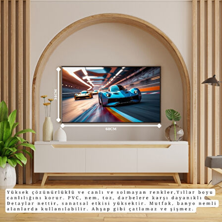 OTOMOBİL TEMALI YARIŞ PİSTİNDE MÜCADELE BAŞLADI ÇERÇEVESİZ PVC TABLO 60X34 CM