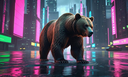 SİBER PUNK DÜNYASINDA HEYBETLİ DURAN AYI NEON IŞIKLAR ALTINDA 01 ÇERÇEVESİZ 50X30 CM PVC TABLO