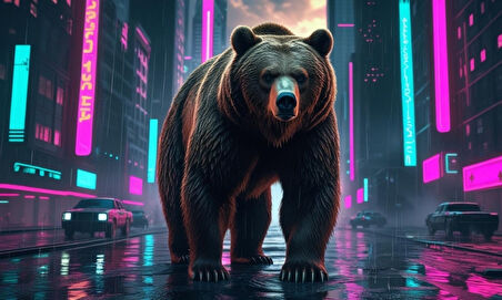 SİBER PUNK DÜNYASINDA HEYBETLİ DURAN AYI NEON IŞIKLAR ALTINDA 02 ÇERÇEVESİZ 50X30 CM PVC TABLO