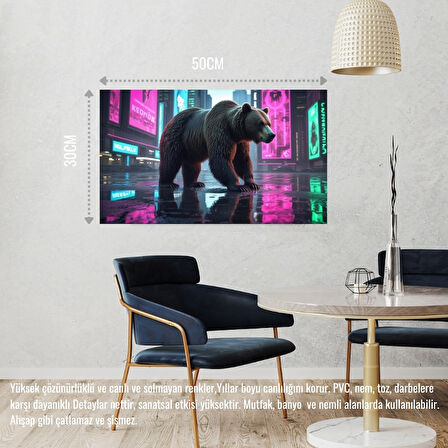 SİBER PUNK DÜNYASINDA HEYBETLİ DURAN AYI NEON IŞIKLAR ALTINDA 05 ÇERÇEVESİZ 50X30 CM PVC TABLO
