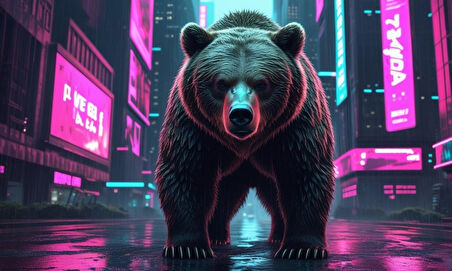 SİBER PUNK DÜNYASINDA HEYBETLİ DURAN AYI NEON IŞIKLAR ALTINDA 07 ÇERÇEVESİZ 50X30 CM PVC TABLO