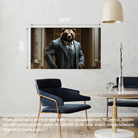 TAKIM ELBİSELİ KASLI AYI MUHAFIZ GÖREVİNDE 04 ÇERÇEVESİZ 50X30 CM PVC TABLO